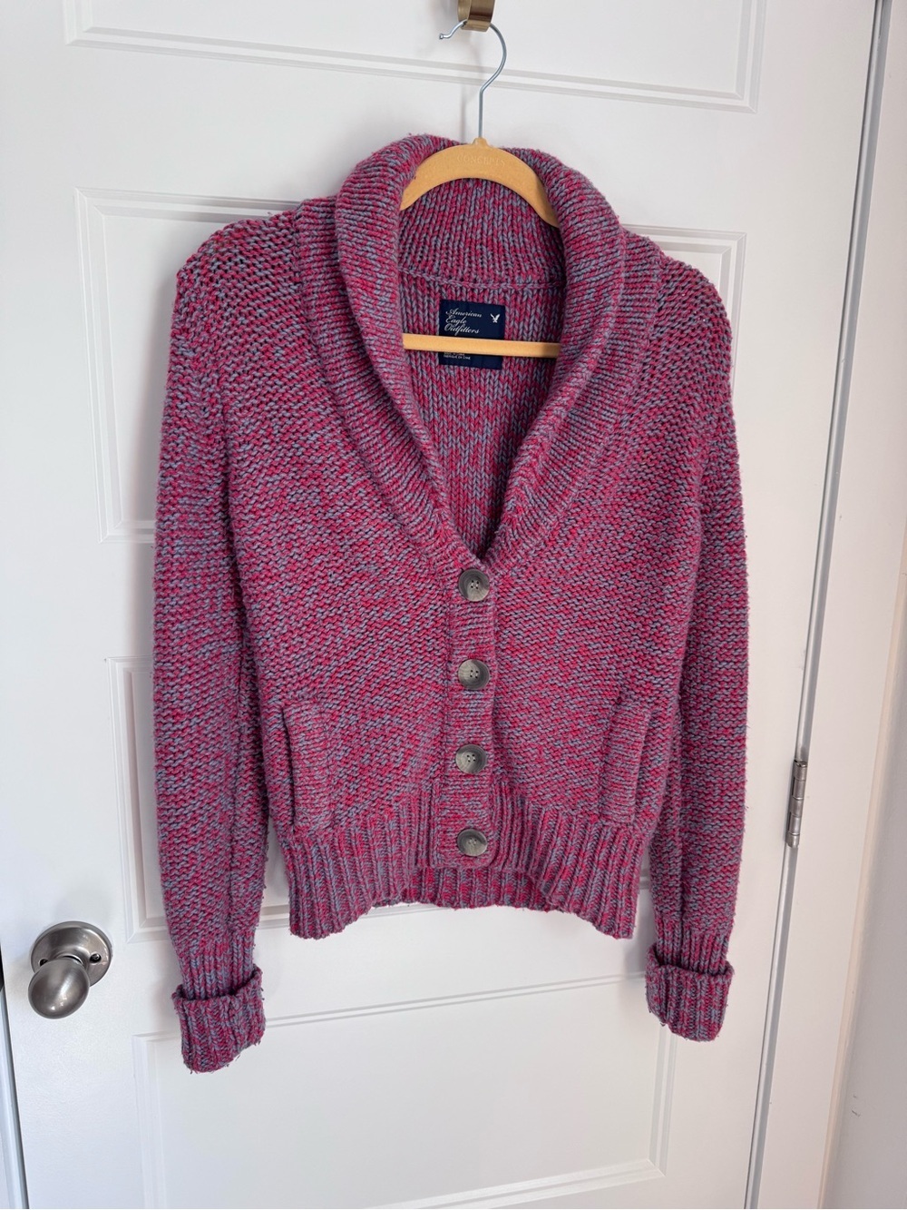 American Eagle Outfitters Pink and Gray Shawl-Collar Button Cardigan